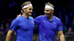 LONDON, ENGLAND - SEPTEMBER 23: Roger Federer and Rafael Nadal of Team Europe interact during the doubles match between Jack Sock and Frances Tiafoe of Team World and Roger Federer and Rafael Nadal of Team Europe during Day One of the Laver Cup at The O2 Arena on September 23, 2022 in London, England. (Photo by Clive Brunskill/Getty Images for Laver Cup)