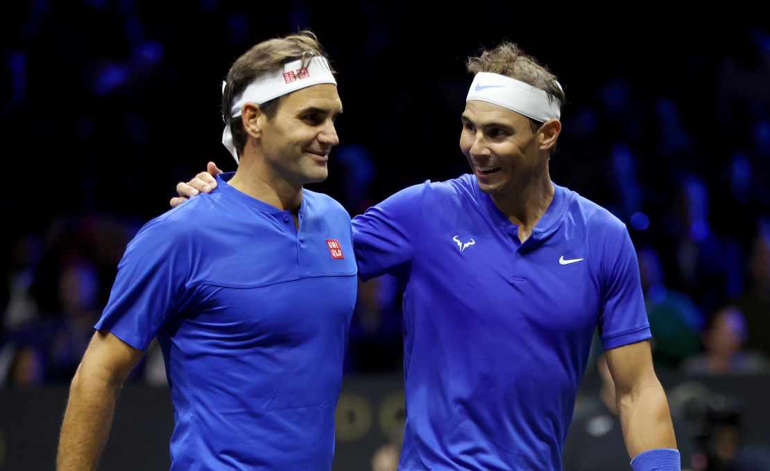 LONDON, ENGLAND - SEPTEMBER 23: Roger Federer and Rafael Nadal of Team Europe interact during the doubles match between Jack Sock and Frances Tiafoe of Team World and Roger Federer and Rafael Nadal of Team Europe during Day One of the Laver Cup at The O2 Arena on September 23, 2022 in London, England. (Photo by Clive Brunskill/Getty Images for Laver Cup)