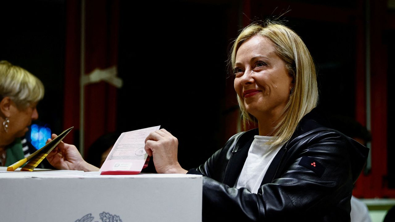 Leader of Brothers of Italy Giorgia Meloni casts her vote in Rome on Sunday, September 25, 2022.