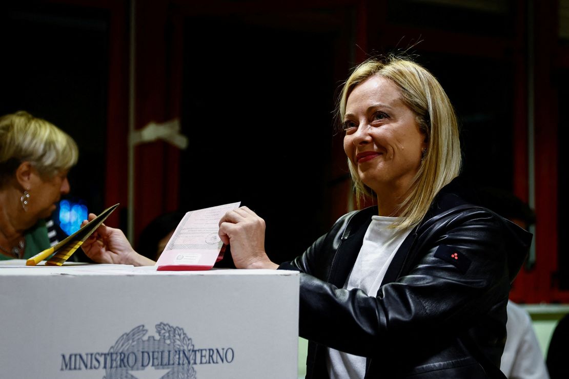 Leader of Brothers of Italy Giorgia Meloni casts her vote in Rome on Sunday, September 25, 2022.