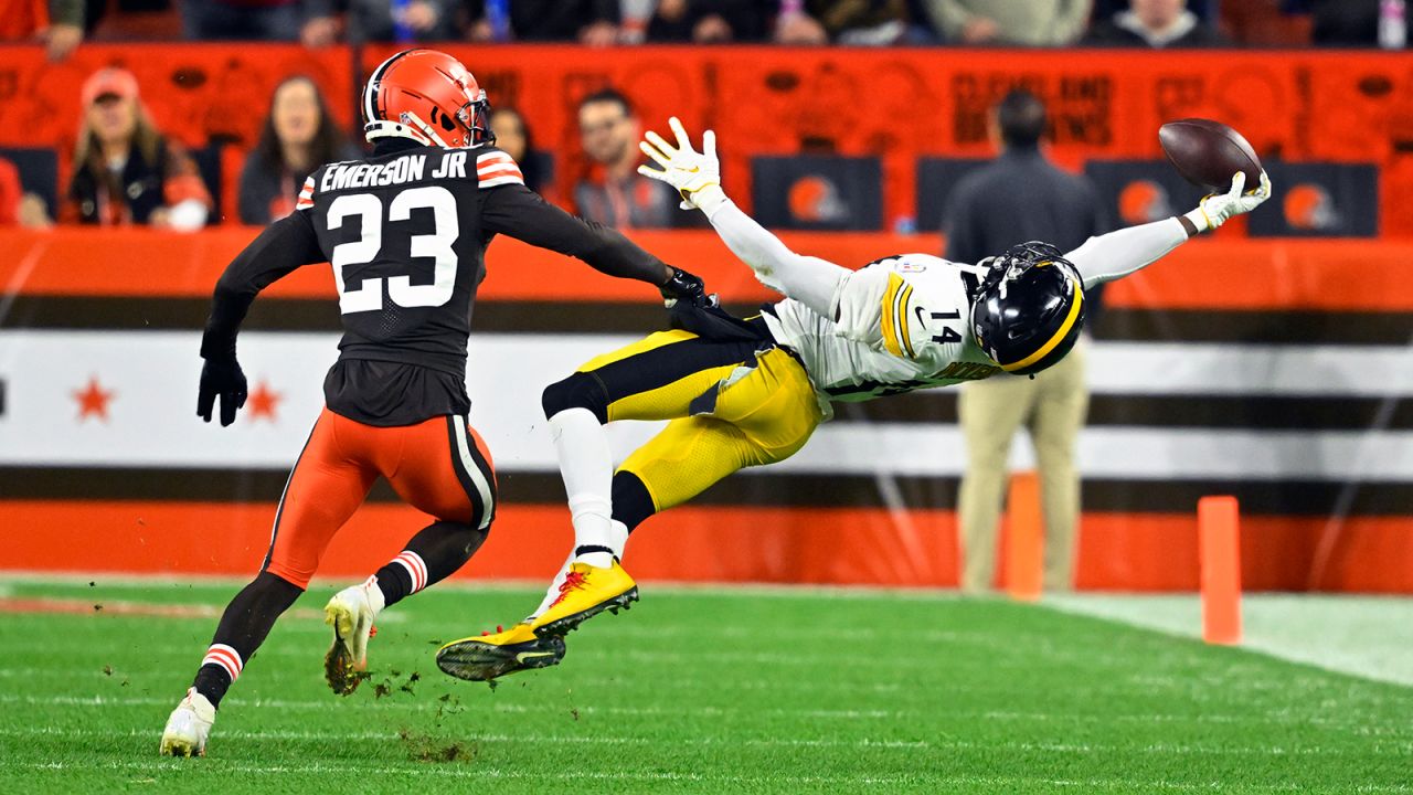 Pittsburgh Steelers wide receiver George Pickens makes a sensational, one-handed catch over Cleveland Browns cornerback Martin Emerson Jr. on September 22. Unfortunately for Pickens, the <a href=