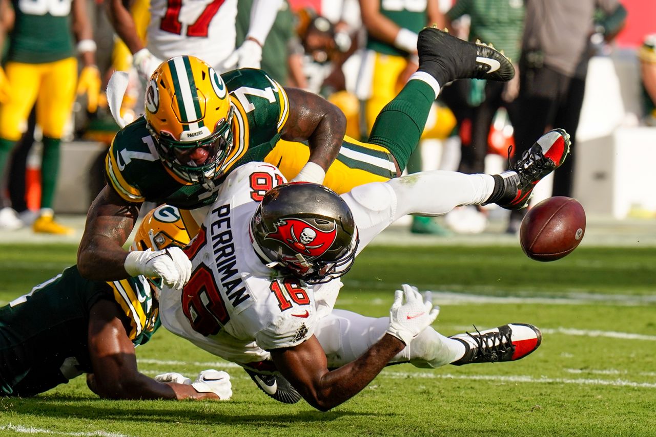 Tampa Bay Buccaneers wide receiver Breshad Perriman fumbles after catching a pass during the first half against the Green Bay Packers in Week 3. The fumble was one of two lost by the Bucs on the day, helping the Packers win a tight affair, 14-12, in Tampa Bay.