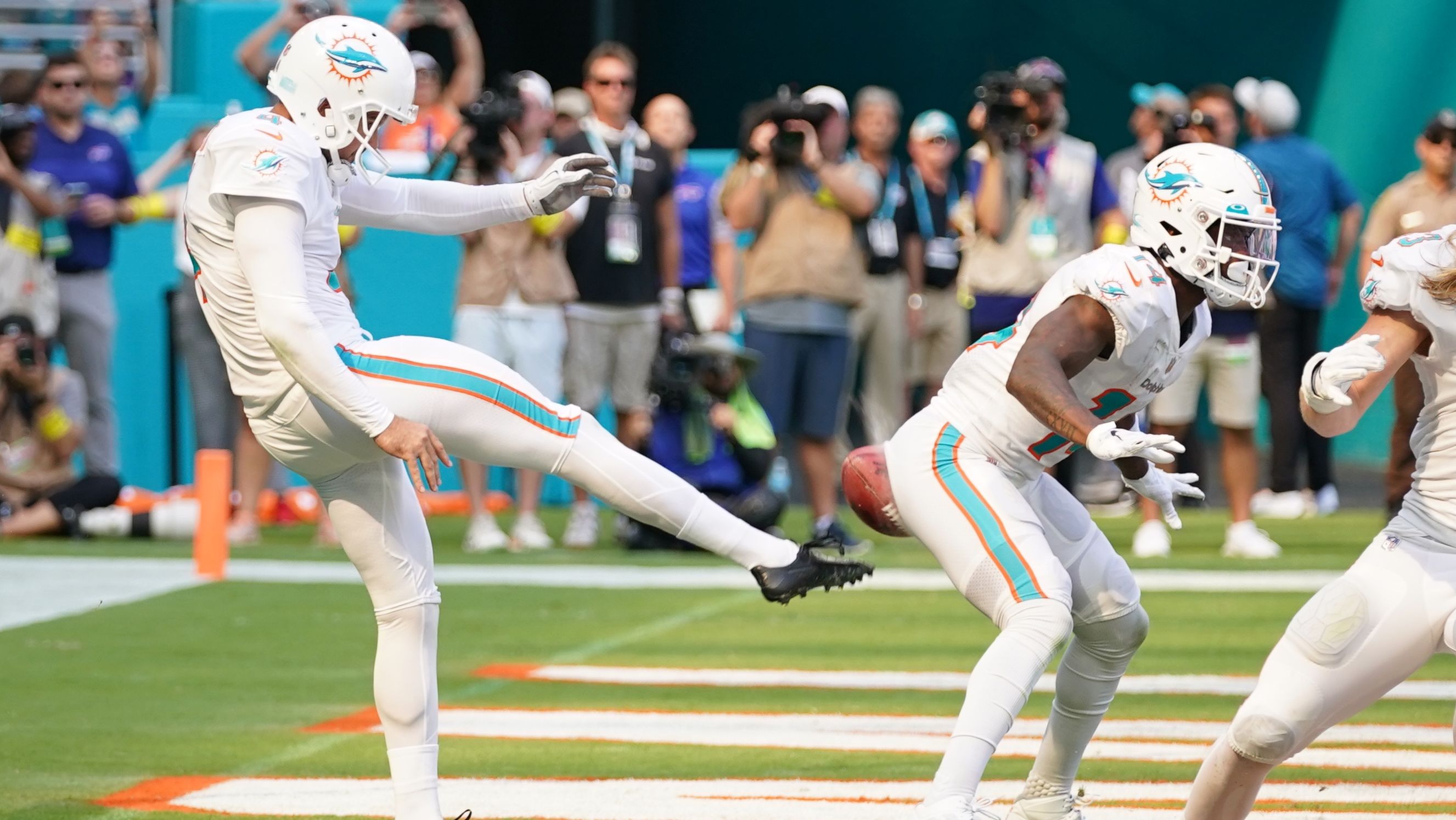 The most bizarre incident of Week 3 occurred with the Miami Dolphins backed up in their own endzone. On their own one-yard line, needing to punt the ball away with restricted space available, punter Thomas Morstead kicked the ball off teammate Trent Sherfield's backside and out of bounds for a safety. Dubbed "butt punt" by many on social media, the flub ultimately didn't cost Miami as it won 21-19 over the Buffalo Bills.