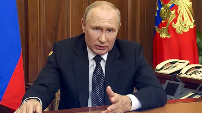 In this image made from video released by the Russian Presidential Press Service, Russian President Vladimir Putin addresses the nation in Moscow, Russia, Wednesday, Sept. 21, 2022. (Russian Presidential Press Service via AP)