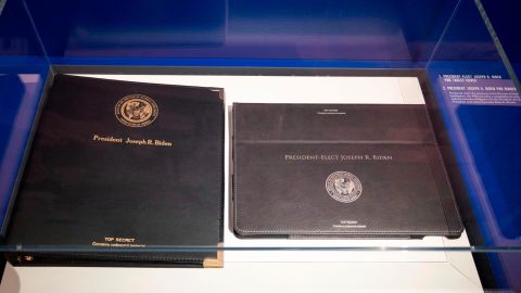 A display showing the covers of the President's Daily Briefing is seen at Central Intelligence Agency's newly refurbished museum.