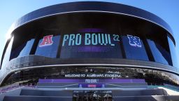 Feb 6, 2022; Paradise, Nevada, USA; A general overall view of the Allegiant Stadium exterior before the Pro Bowl. Mandatory Credit: Kirby Lee-USA TODAY Sports