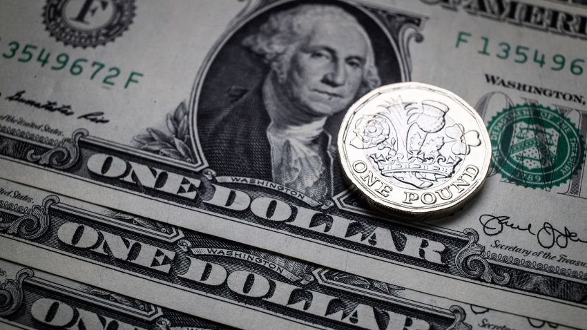 A £1 pound coin is seen alongside US dollar bills on April 4, 2017 in Bath, England.