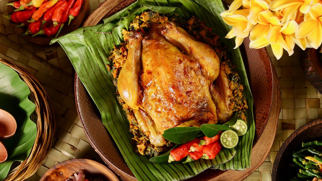 <strong>Ayam betutu, Indonesia: </strong>Popular on the Indonesian islands of Bali and Lombok, in particular, this whole chicken dish is stuffed with an intensely aromatic spice paste (<em>betutu</em>).