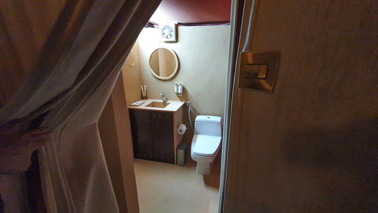 <strong>En suite:</strong> There's even a bathroom, with flushing toilet and shower, tucked behind a curtain. 