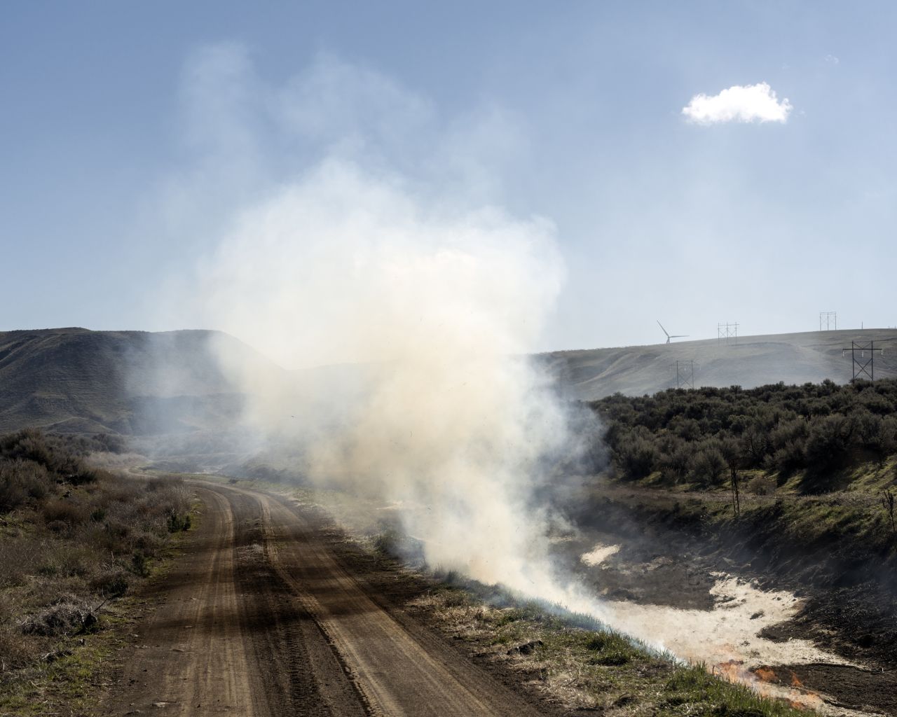 In the desert just south of Bliss, Horvath spotted local workers by the side of a road burning brush that had accumulated over the winter. "I was drawn to how the act of clearing and regeneration mirrored some of the larger themes in the project," Horvath said.