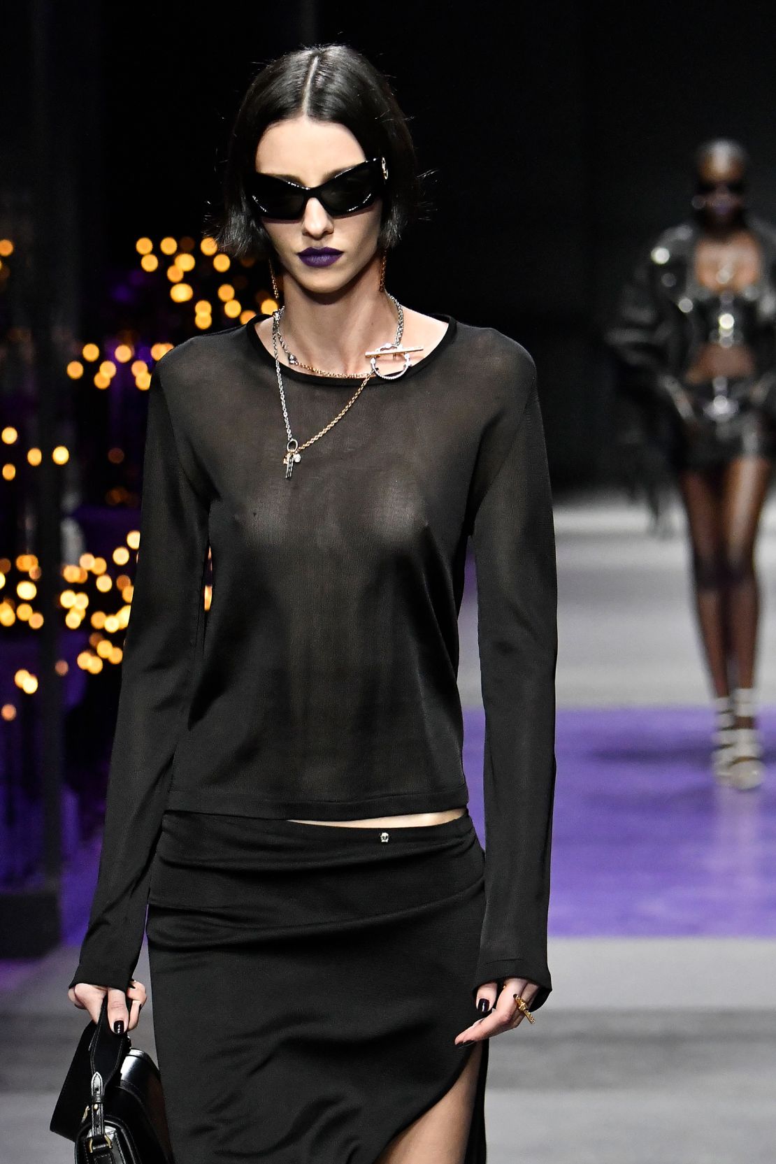 Mesh, leather and lace detailing were pillars of Versace's new collection.