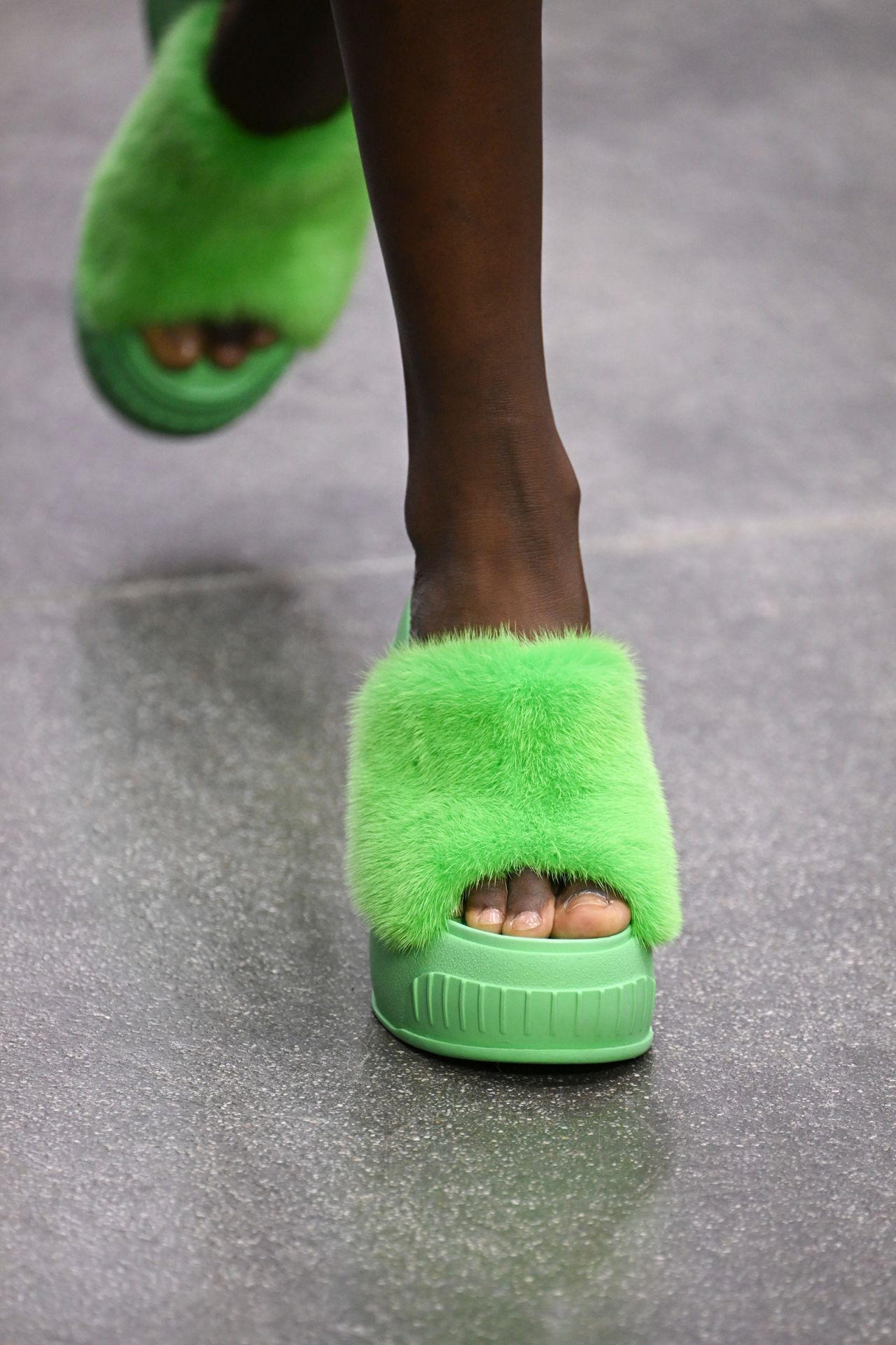 Acerbic-colored fluffy platforms stood out against classic flesh-toned pieces.