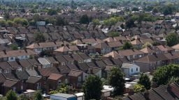 A general view of rows of terraced houses rooftops on a residential housing estate on August 11, 2022 in Romford, England. 
