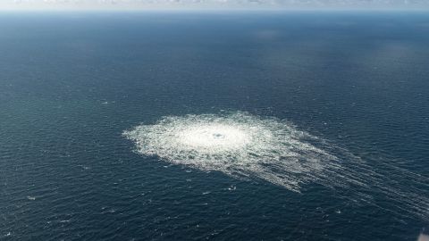 A large disturbance in the sea is seen off the coast of the Danish island of Bornholm on Tuesday, September 27. Western nations have said leaks in two Russian gas pipelines, Nord Stream 1 and 2, are likely the result of sabotage. Both of the pipelines, created to funnel gas from Russia into the European Union, run under the Baltic Sea near Denmark and Sweden.