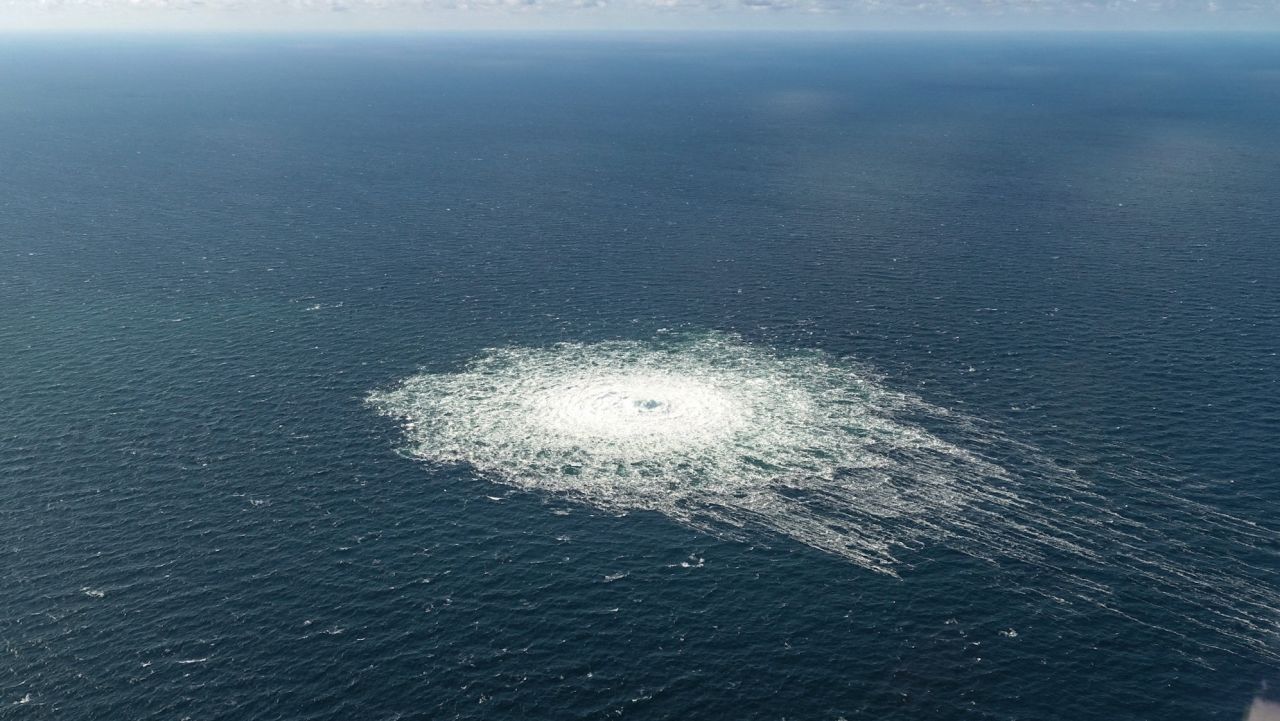 Gas leak at Nord Stream 2 as seen from the Danish F-16 interceptor on Bornholm, Denmark September 27, 2022. Danish Defence Command/Forsvaret  Ritzau Scanpix/via REUTERS    ATTENTION EDITORS - THIS IMAGE WAS PROVIDED BY A THIRD PARTY. DENMARK OUT. NO COMMERCIAL OR EDITORIAL SALES IN DENMARK.