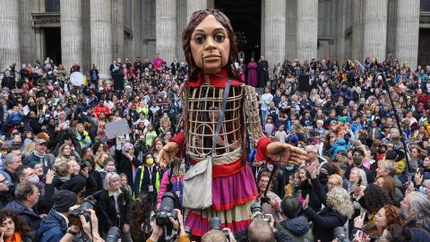 Little Amal arrives at St Paul's Cathedral in London on October 23, 2021.