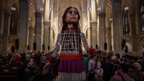 Little Amal walks through St. Patrick's Cathedral in New York on September 18, 2022.