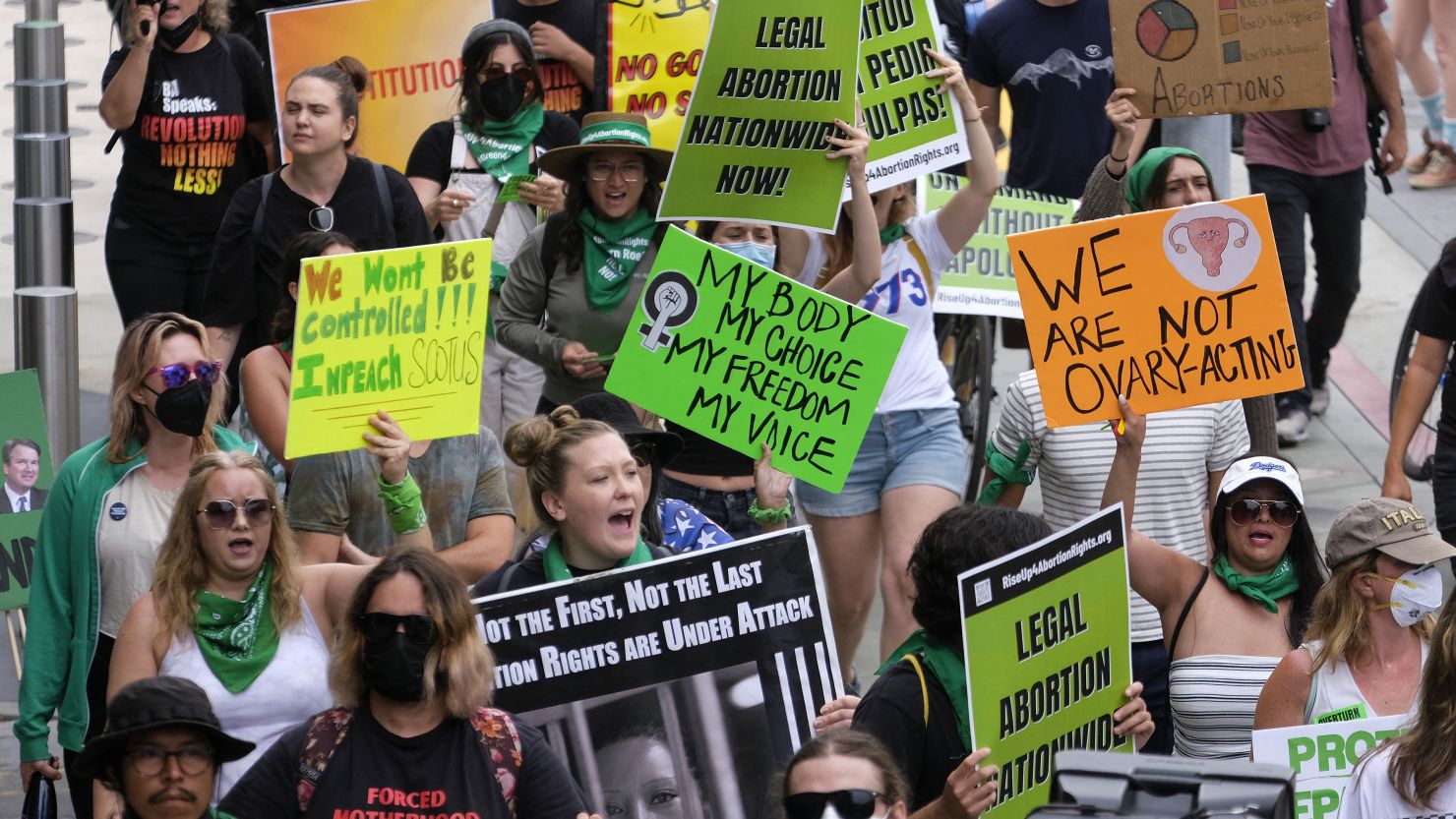 Abortion rights activists demonstrate in support of women's rights on July 16, 2022, in Santa Monica, California.