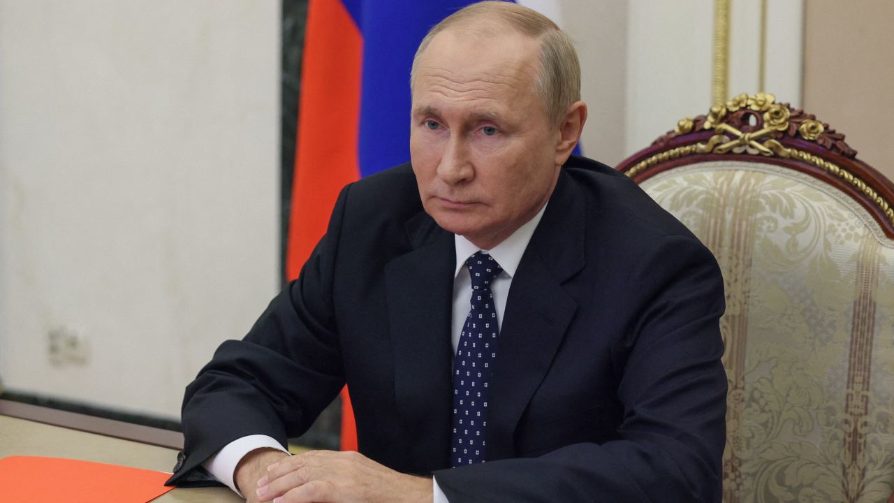Russian President Vladimir Putin chairs a Security Council meeting via a video link in Moscow on September 23, 2022.