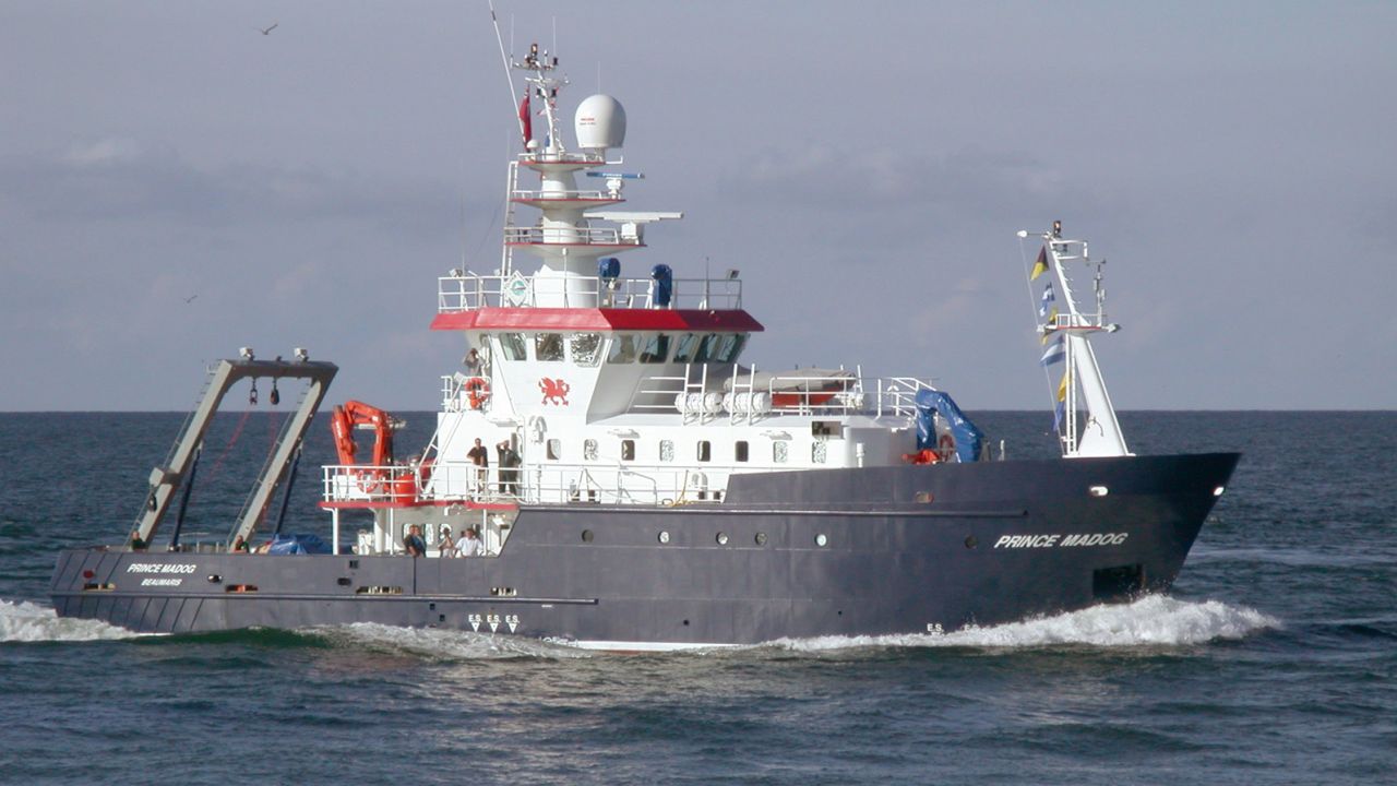 Prince Madog, the Bangor University survey vessel, leaves its berth in Menai Bridge, Anglesey, North Wales in 2016.