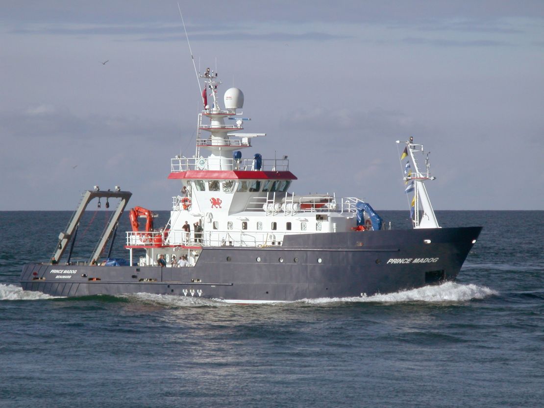 Prince Madog, the Bangor University survey vessel, leaves its berth in Menai Bridge, Anglesey, North Wales in 2016.