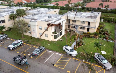 Damage is seen at the Kings Point condos in Delray Beach, Florida, on Wednesday. <a target=