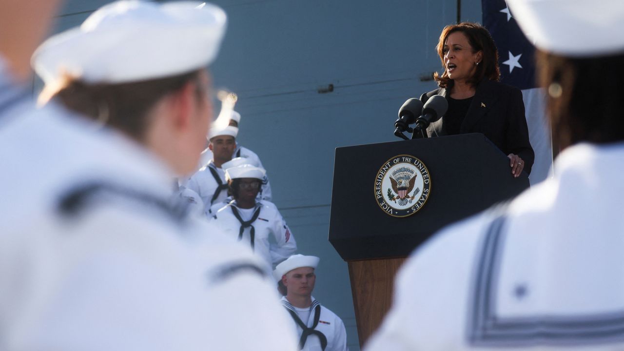 Vice President Kamala Harris delivers remarks during her visit to the USS Howard naval ship, at Yokosuka Naval Base, in Yokosuka, Japan, on September 28, 2022.