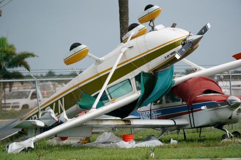 An airplane is overturned in Pembroke Pines, Florida, on Wednesday.