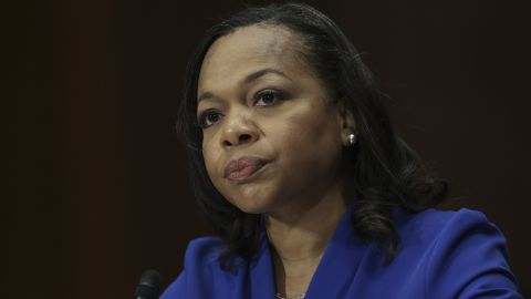 US Assistant Attorney General Kristen Clarke testifies before the Senate Judiciary Committee at the Dirksen Senate Office Building on March 8, 2022 in Washington.