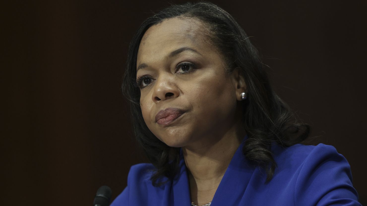 US Assistant Attorney General Kristen Clarke testifies before the Senate Judiciary Committee at the Dirksen Senate Office Building on March 8, 2022 in Washington.