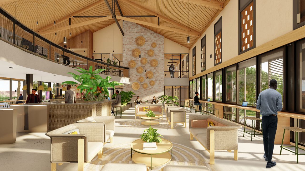 The open plan lobby and lounge, shown in a rendering, aim to promote casual encounters between entrepreneurs to encourage interaction and collaboration.