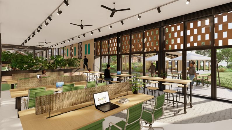 Norrsken Kigali House, shown in a rendering, is an entrepreneurship hub built on the site of a former school to reduce the build's carbon footprint. The hub uses natural ventilation and runs on solar energy. 
