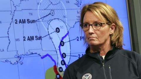 Federal Emergency Management Agency administrator Deanne Criswell stands next to a track map of Hurricane Ian during a news conference at FEMA headquarters on September 28, 2022, in Washington.