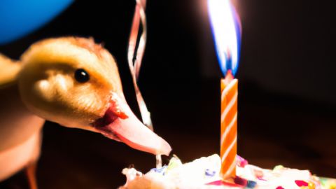 This image of a duck blowing out a candle on a cake was created by CNN's Rachel Metz via DALL-E 2.