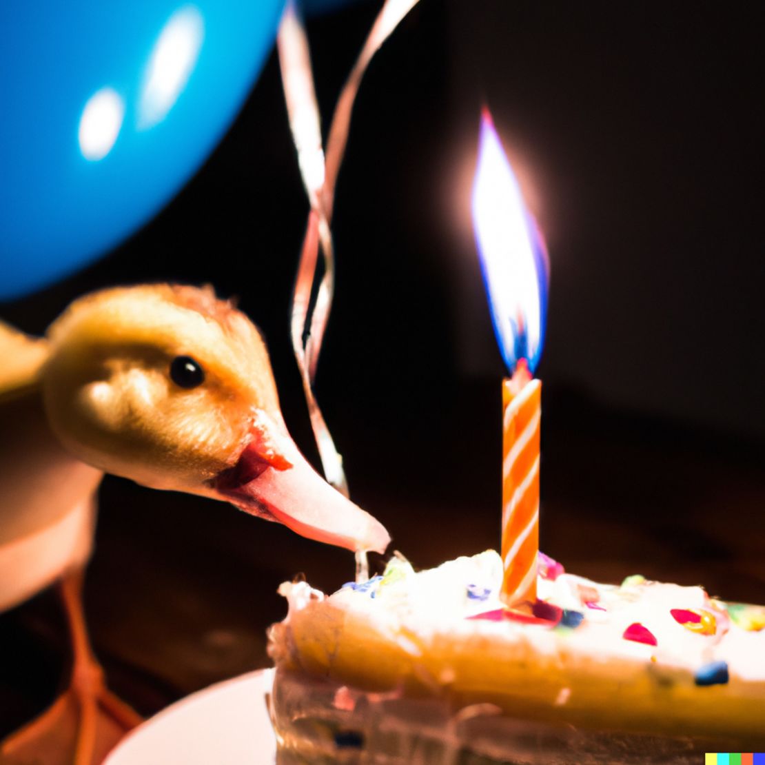 This image of a duck blowing out a candle on a cake was created by CNN's Rachel Metz via DALL-E 2.