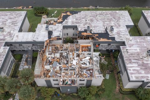 Damage is seen at the Kings Point condos in Delray Beach, Florida, on Wednesday. Officials believe it was caused by a tornado fueled by Hurricane Ian.