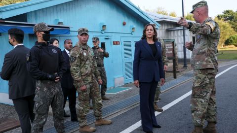 US Vice President Kamala Harris stands next to the demarcation line at the Demilitarized Zone separating the two Koreas, in Panmunjom, South Korea, on Sept. 29.