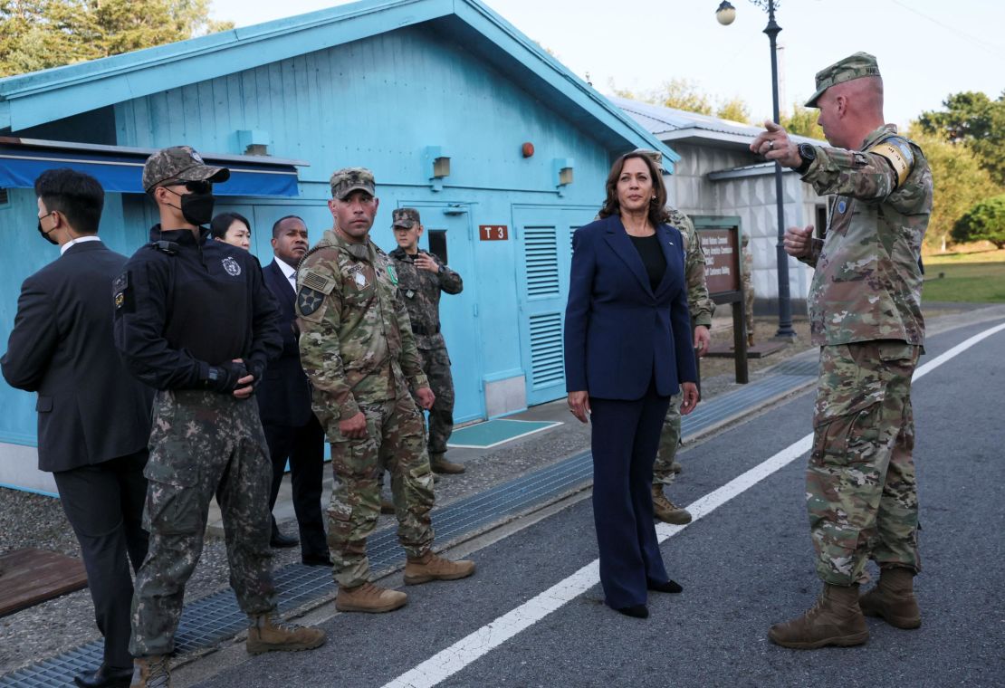 US Vice President Kamala Harris stands next to the demarcation line at the Demilitarized Zone separating the two Koreas, in Panmunjom, South Korea, on Sept. 29.