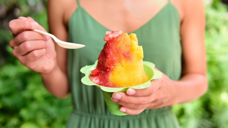 <strong>Shave ice, Hawaii.</strong> Shave ice arrived in Hawaii from Japan. Soft flakes of ice shaved from a solid block soak up the sweet syrups of your choice. 