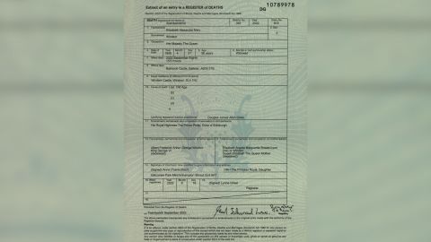 The death certificate of Queen Elizabeth II