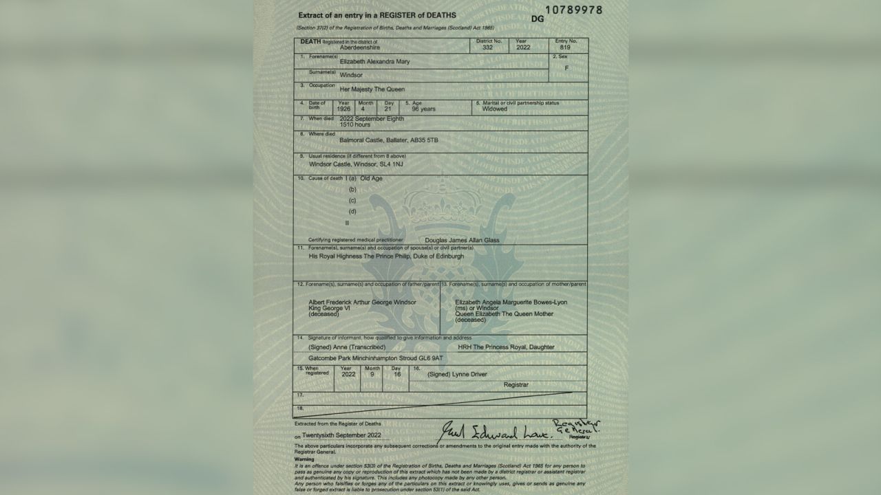 The death certificate of Queen Elizabeth II