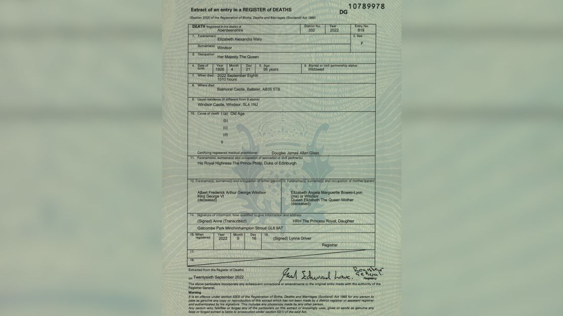 The death certificate of Queen Elizabeth II