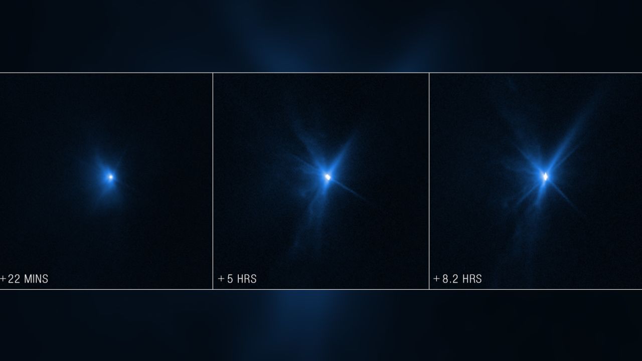 These images by the Hubble Space Telescope show expanding plumes of material rising off Dimorphos.