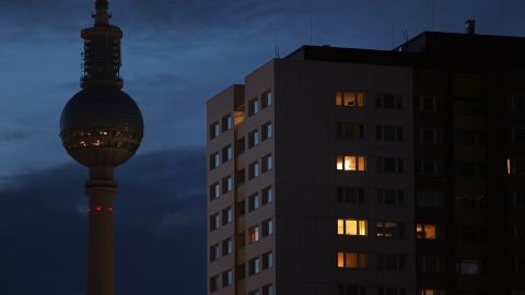 The broadcast tower at Berlin's Alexanderplatz stands without illumination on September 8, amid energy saving measures. 