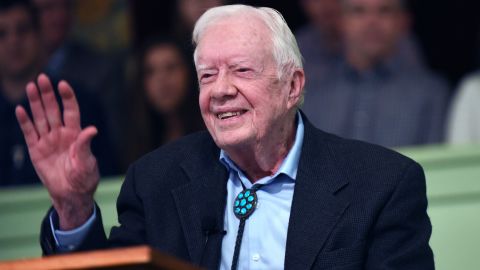 Former President Jimmy Carter waves to the congregation after teaching Sunday school at Maranatha Baptist Church in his hometown of Plains, Georgia, on April 28, 2019.