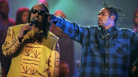 Stevie Wonder, left, and Coolio perform at the 1995 Billboard Music Awards in New York.