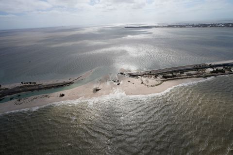 A causeway to Florida's Sanibel Island is seen on Thursday. A portion of the causeway was washed away by storm surge, <a target=