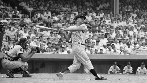 Roger Maris, of the New York Yankees, hits during a game against the Detroit Tigers in 1960. 