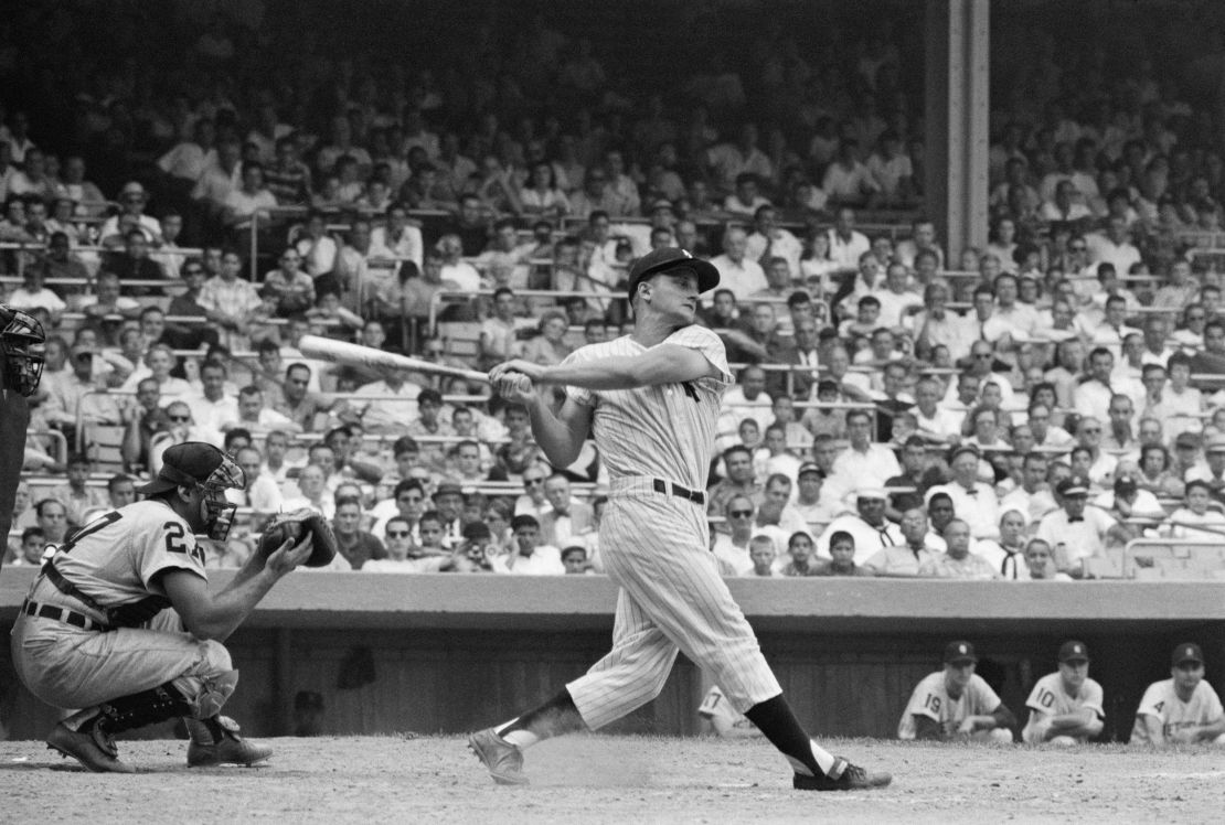 Roger Maris, of the New York Yankees, batting during a game against the Detroit Tigers in 1960. 