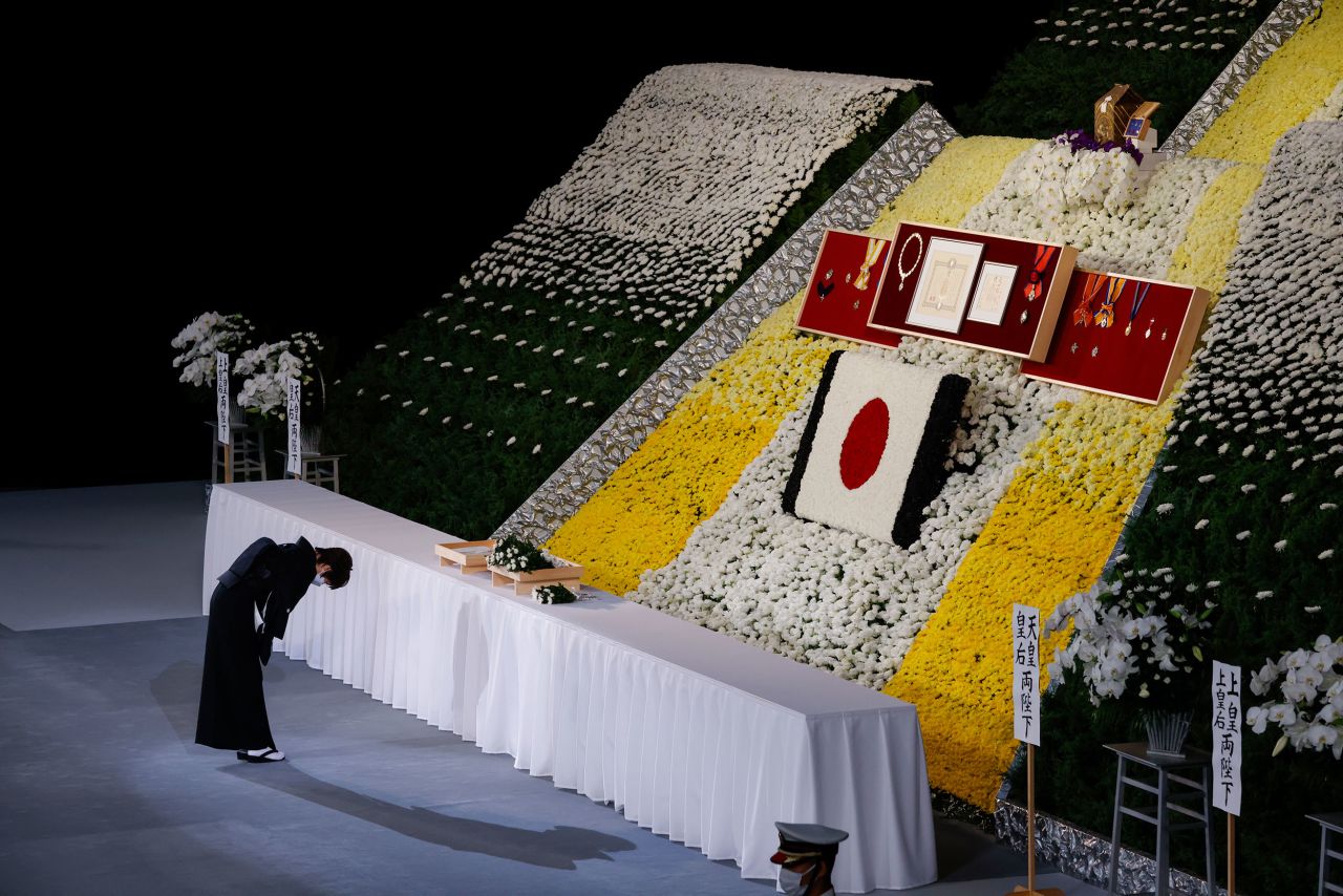 Akie Abe, the wife of former Japanese Prime Minister Shinzo Abe, bows during <a href="https://www.cnn.com/2022/09/27/asia/shinzo-abe-state-funeral-protests-intl-hnk" target="_blank">his state funeral</a> in Tokyo on Tuesday, September 27. He was <a href="http://www.cnn.com/2022/07/08/world/gallery/shinzo-abe-shot/index.html" target="_blank">assassinated</a> in July.